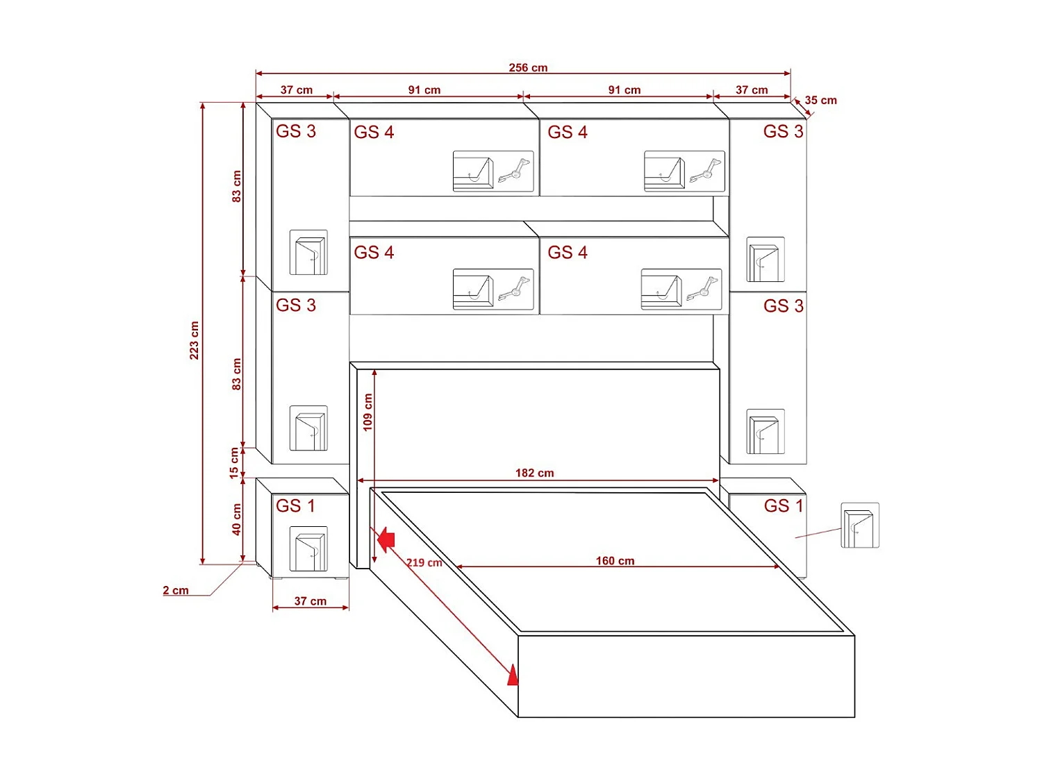Tête de lit avec rangement Armoire - pont de lit PANAMA 4/HG/W/2-1A blanc/blanc brillant 256x223x35cm