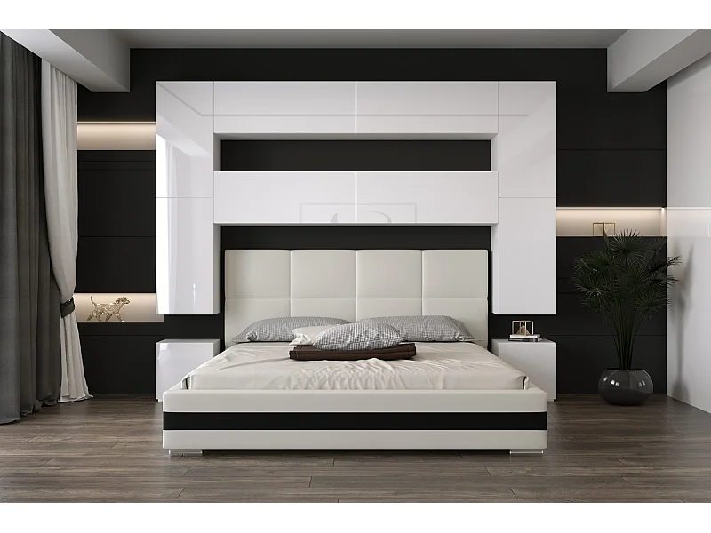 Tête de lit avec rangement Armoire - pont de lit PANAMA 4/HG/W/2-1A blanc/blanc brillant 256x223x35cm