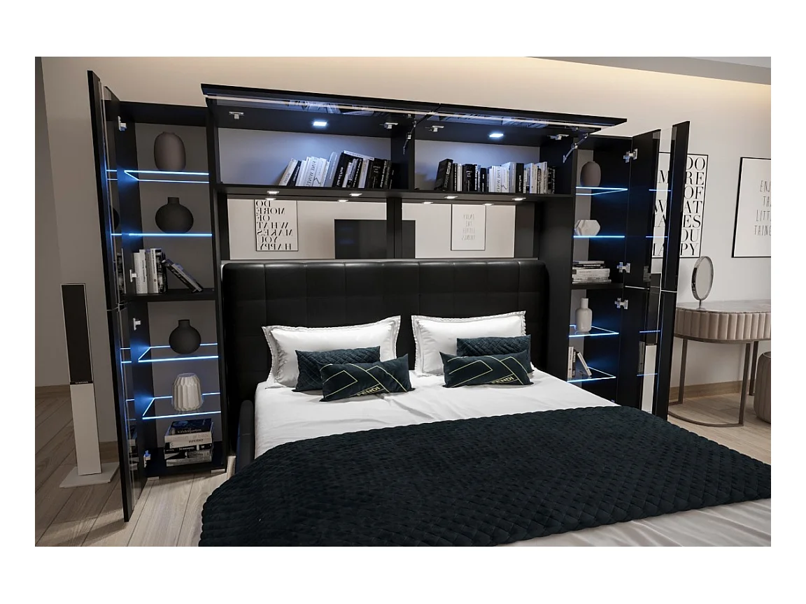 Tête de lit avec rangement Armoire - pont de lit PANAMA 14-HG-B-1-1A noir/noir brillant 256x184x35cm