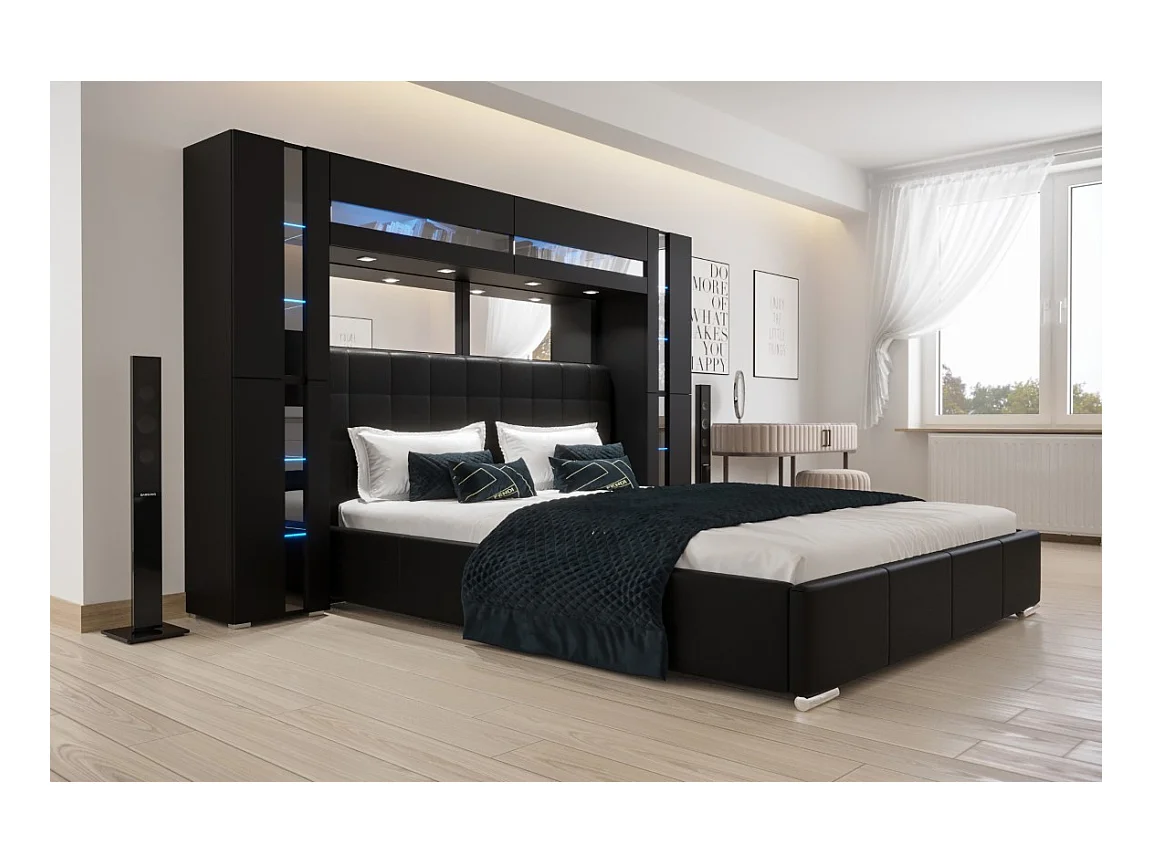 Tête de lit avec rangement Armoire - pont de lit PANAMA 14-HG-B-1-1A noir/noir brillant 256x184x35cm