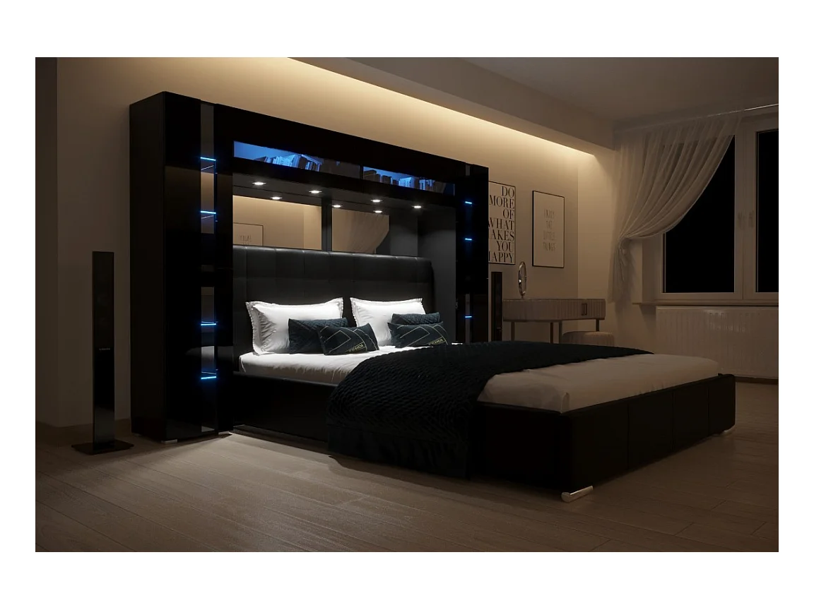 Tête de lit avec rangement Armoire - pont de lit PANAMA 14-HG-B-1-1A noir/noir brillant 256x184x35cm