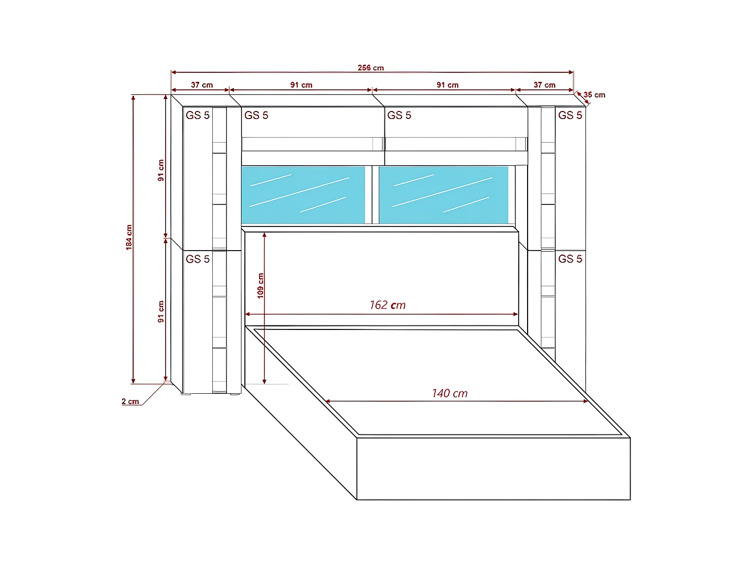 Tête de lit avec rangement Armoire - pont de lit PANAMA 14-HG-B-1-1A noir/noir brillant 256x184x35cm