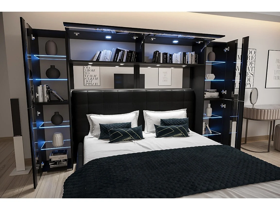 Tête de lit avec rangement Armoire - pont de lit PANAMA 14-HG-B-1-1A noir/noir brillant 256x184x35cm