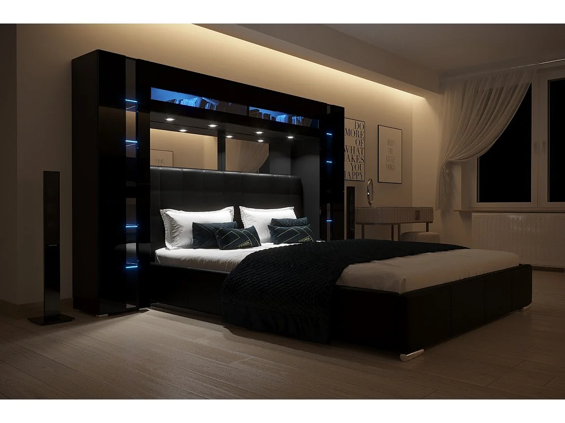 Tête de lit avec rangement Armoire - pont de lit PANAMA 14-HG-B-1-1A noir/noir brillant 256x184x35cm