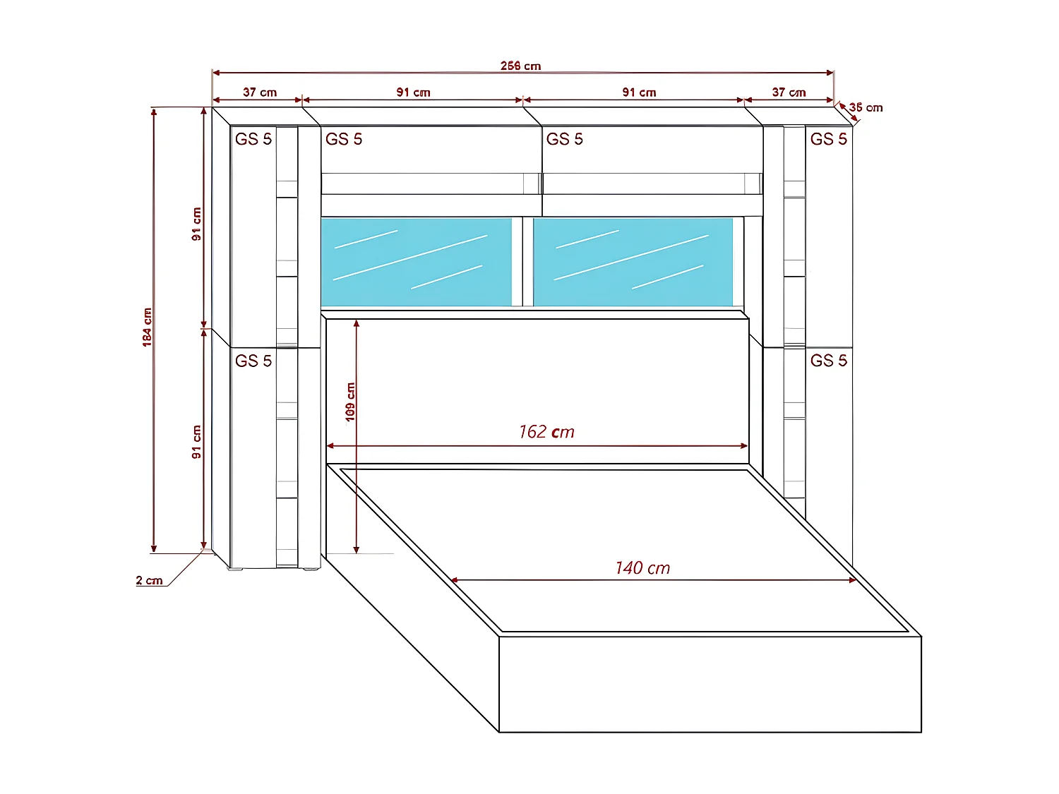 Tête de lit avec rangement Armoire - pont de lit PANAMA 14-HG-B-1-1A noir/noir brillant 256x184x35cm