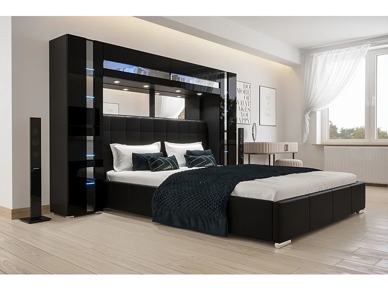 Tête de lit avec rangement Armoire - pont de lit PANAMA 14-HG-B-1-1A noir/noir brillant 256x184x35cm