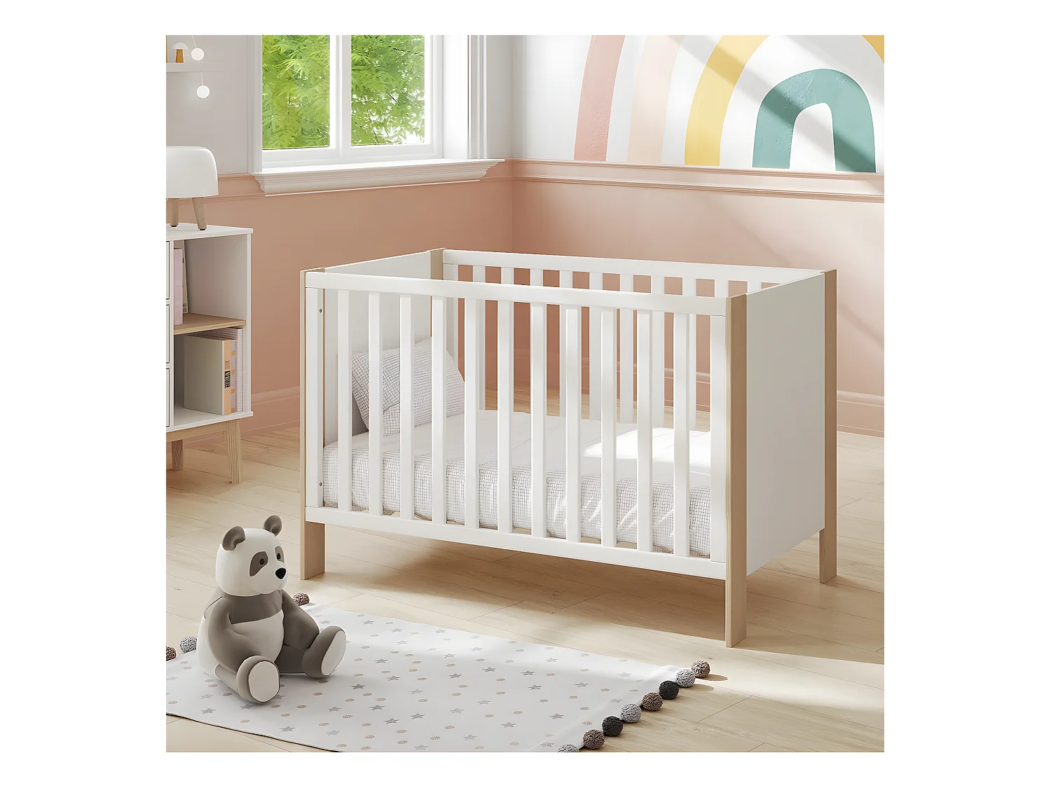 KAINA - Lit Bébé 60x120cm MDF et Pin Coloris Blanc et Naturel