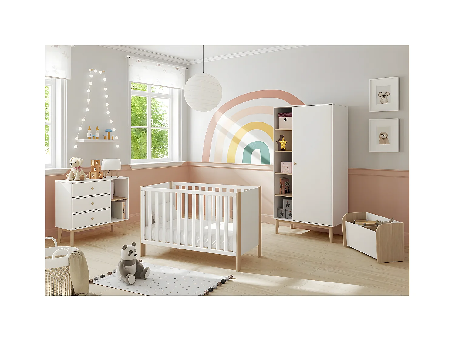 KAINA - Lit Bébé 60x120cm MDF et Pin Coloris Blanc et Naturel