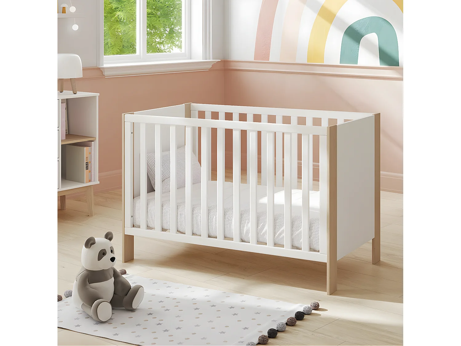 KAINA - Lit Bébé 60x120cm MDF et Pin Coloris Blanc et Naturel