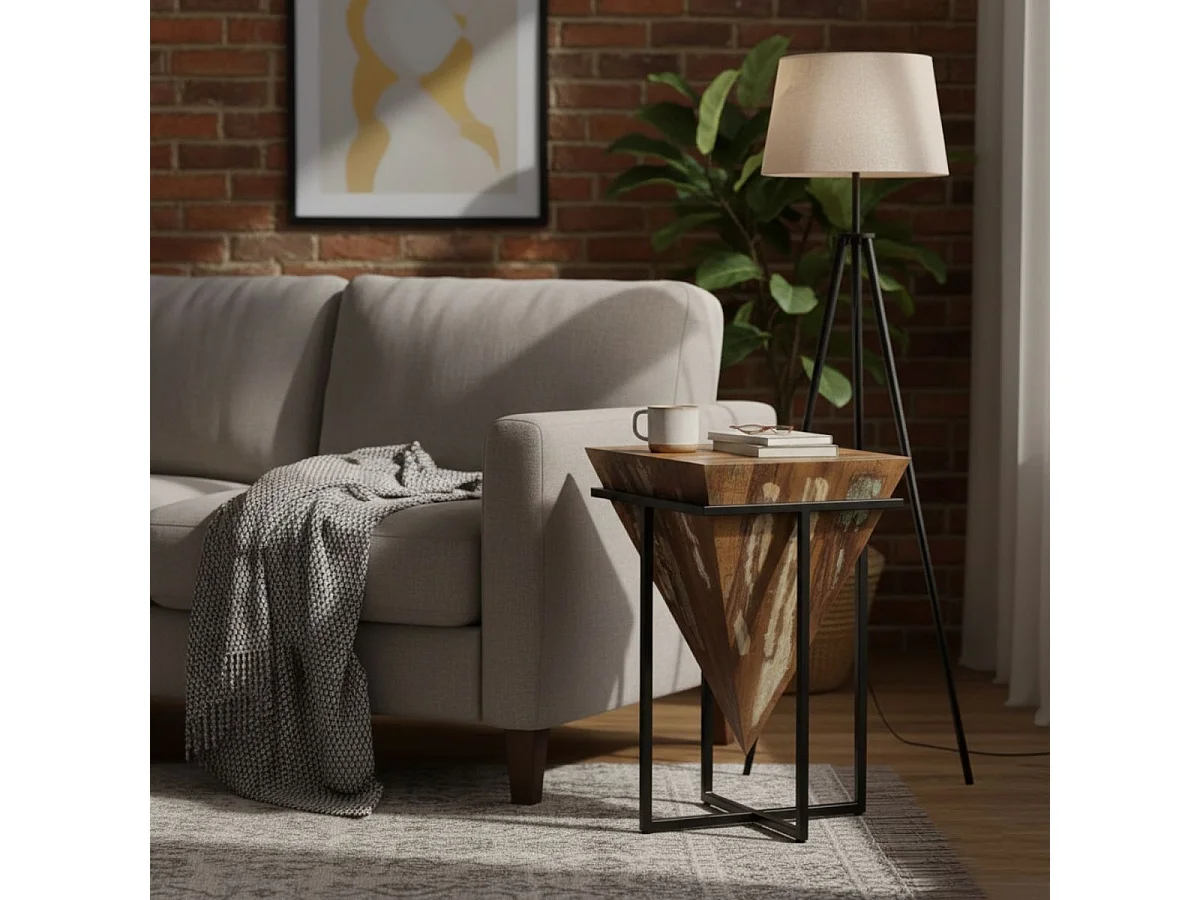 FINDY - Table d'Appoint H.56cm Pyramide Inversée Bois Massif et Métal Noir