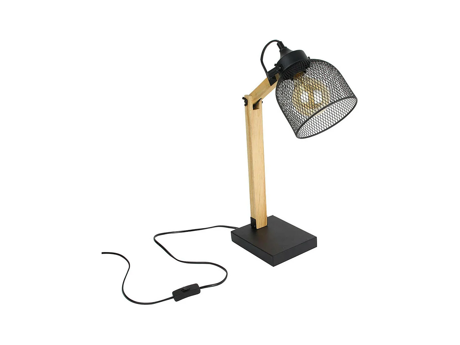 MAGO - Lampe à Poser Orientable en Pin Abat-Jour Grillage Métal Noir