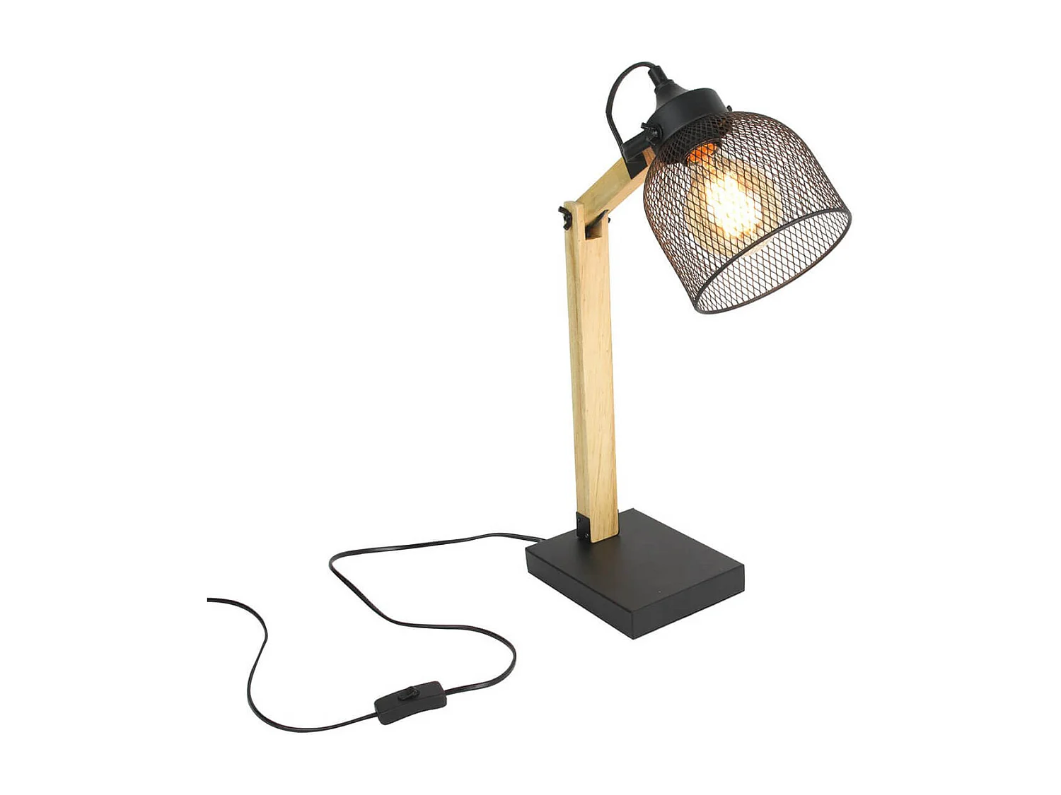 MAGO - Lampe à Poser Orientable en Pin Abat-Jour Grillage Métal Noir