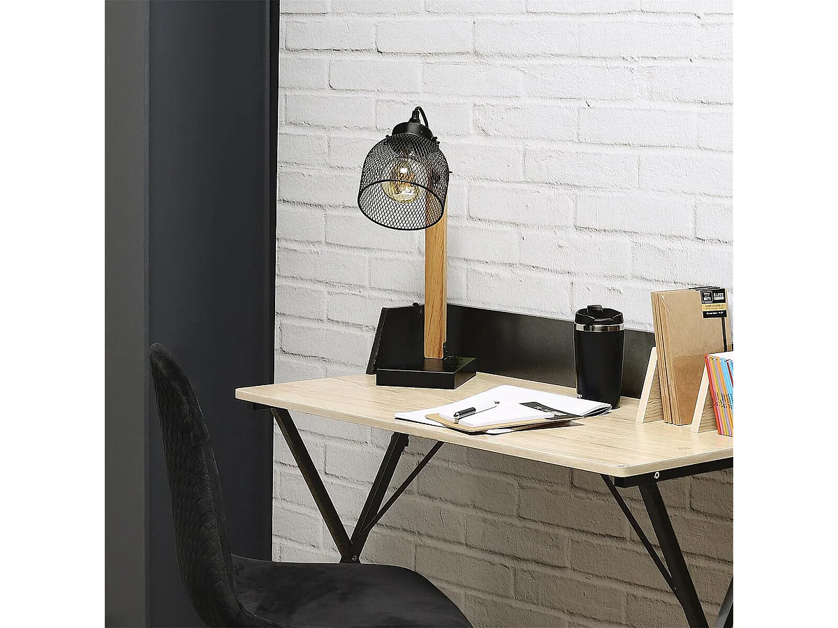 MAGO - Lampe à Poser Orientable en Pin Abat-Jour Grillage Métal Noir