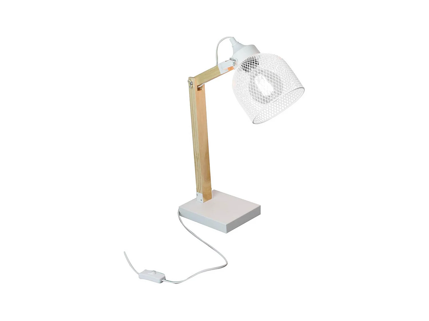 MAGO - Lampe à Poser Orientable en Pin Abat-Jour Grillage Métal Blanc