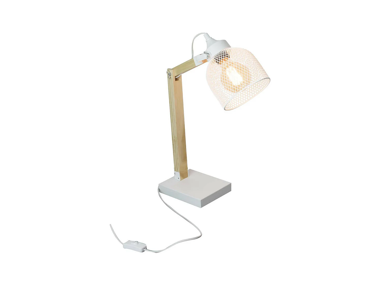 MAGO - Lampe à Poser Orientable en Pin Abat-Jour Grillage Métal Blanc