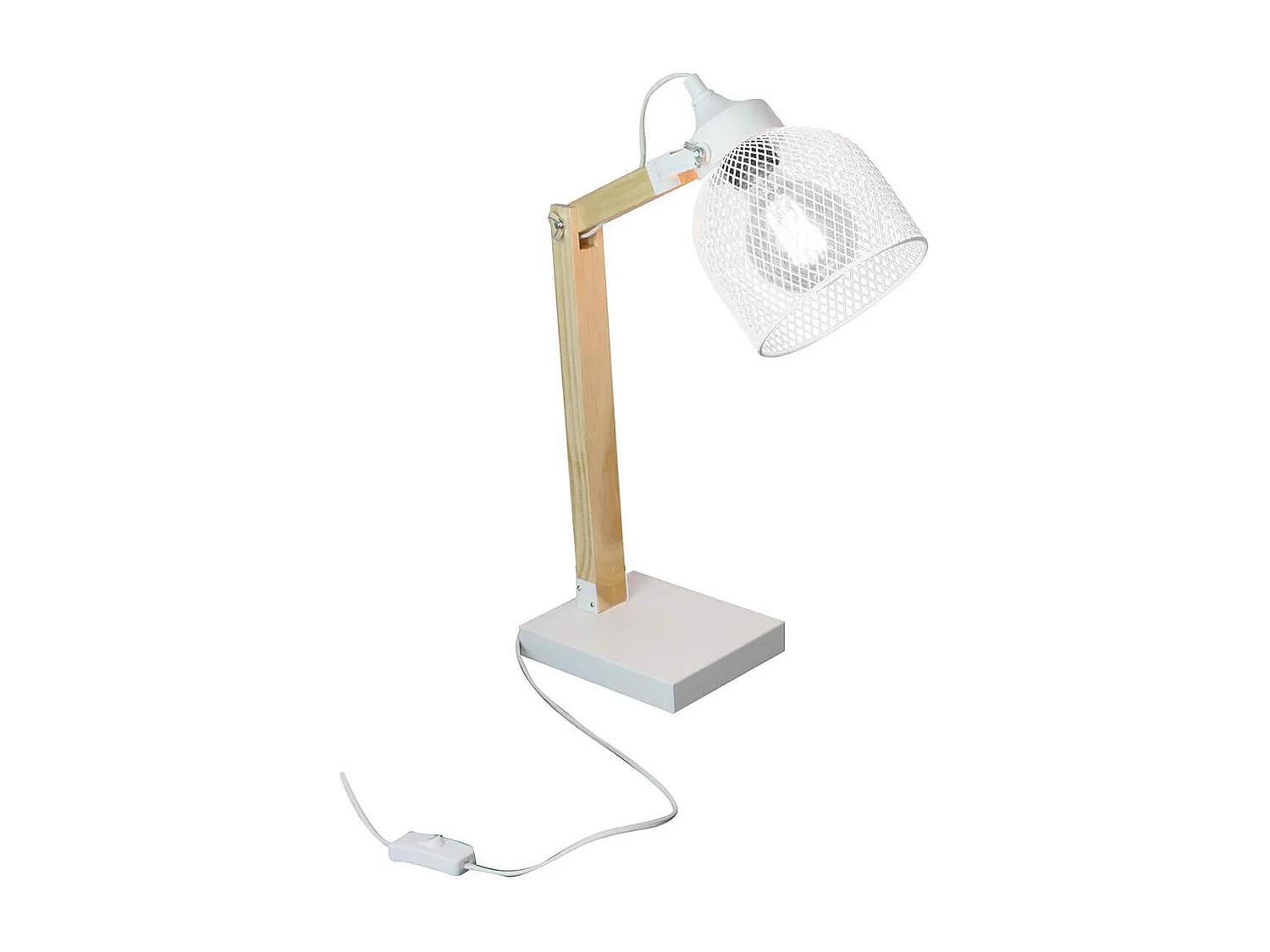 MAGO - Lampe à Poser Orientable en Pin Abat-Jour Grillage Métal Blanc