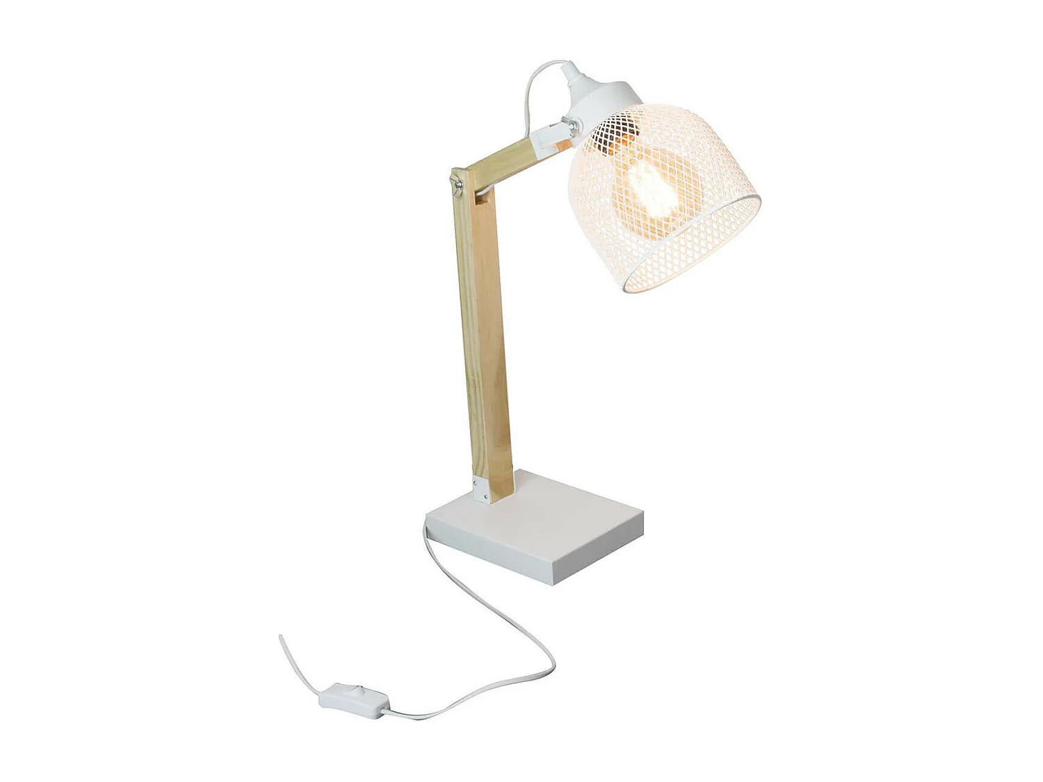 MAGO - Lampe à Poser Orientable en Pin Abat-Jour Grillage Métal Blanc