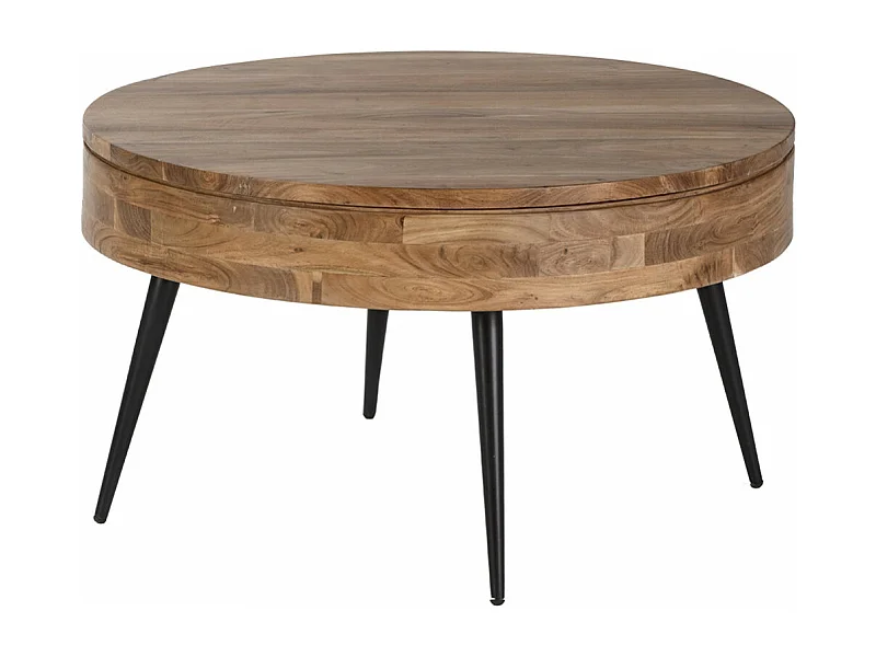 BONAA - Table Basse Ronde Ø90cm Bois d'Acacia Pieds Métal Noir