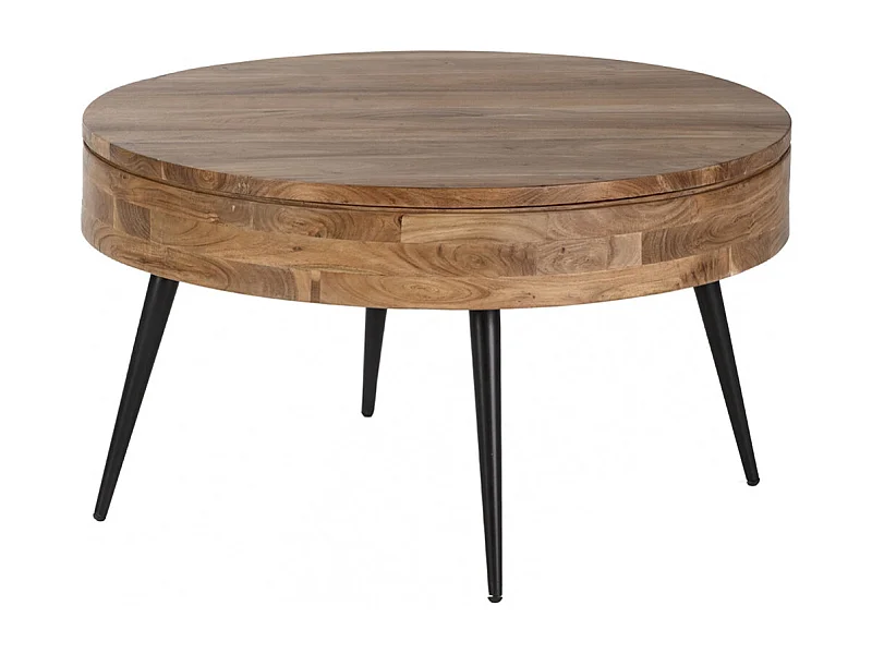 BONAA - Table Basse Ronde Ø90cm Bois d'Acacia Pieds Métal Noir