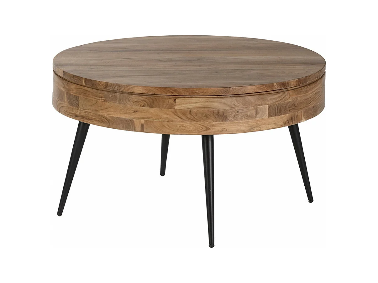 BONAA - Table Basse Ronde Ø90cm Bois d'Acacia Pieds Métal Noir