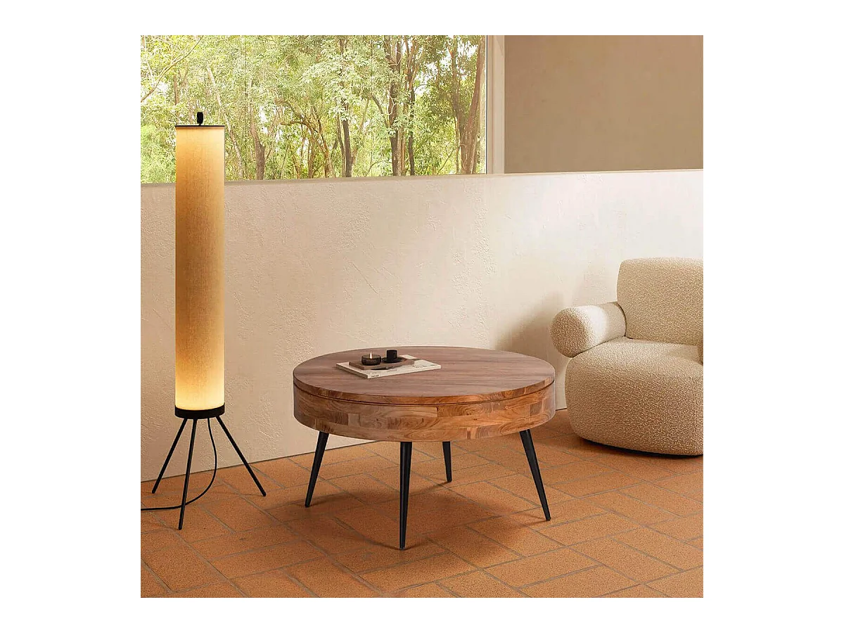 BONAA - Table Basse Ronde Ø90cm Bois d'Acacia Pieds Métal Noir