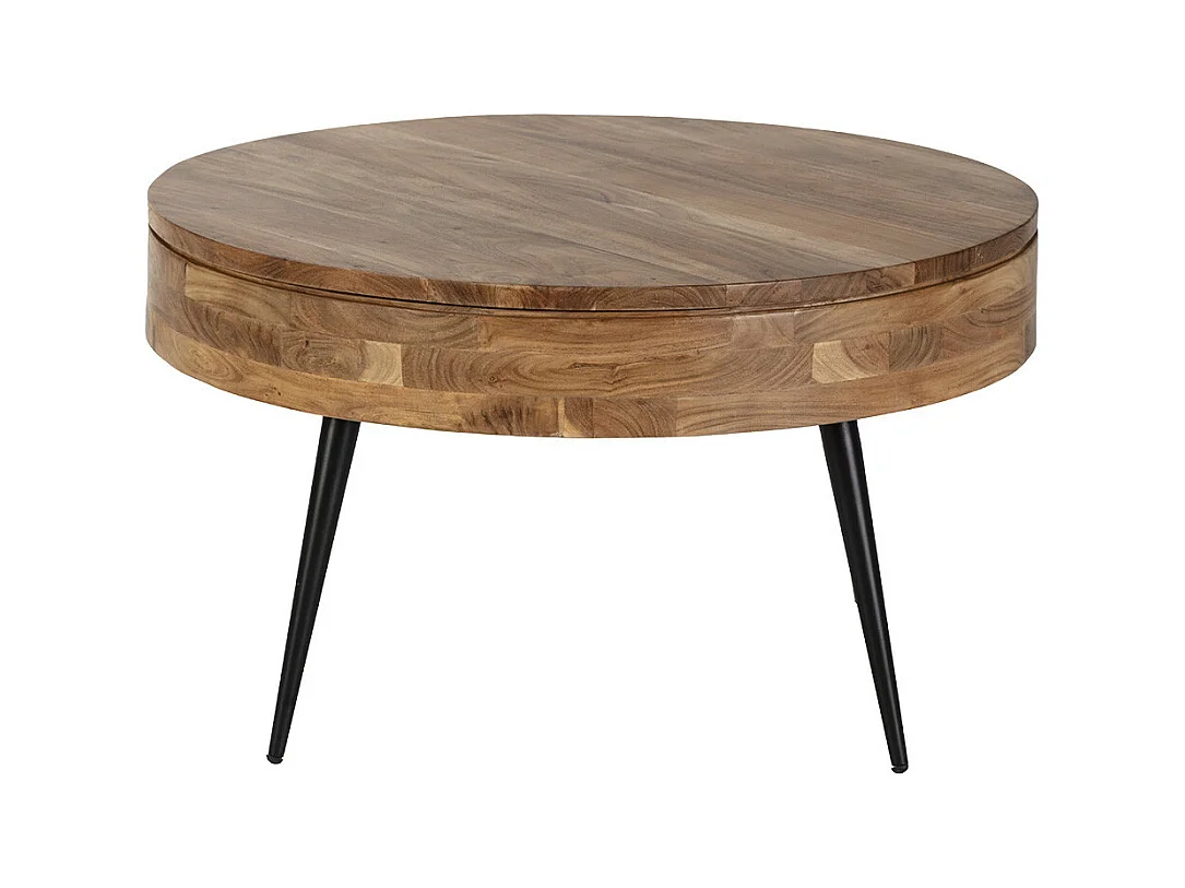 BONAA - Table Basse Ronde Ø90cm Bois d'Acacia Pieds Métal Noir