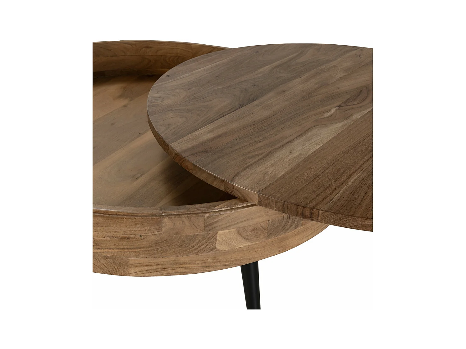 BONAA - Table Basse Ronde Ø90cm Bois d'Acacia Pieds Métal Noir