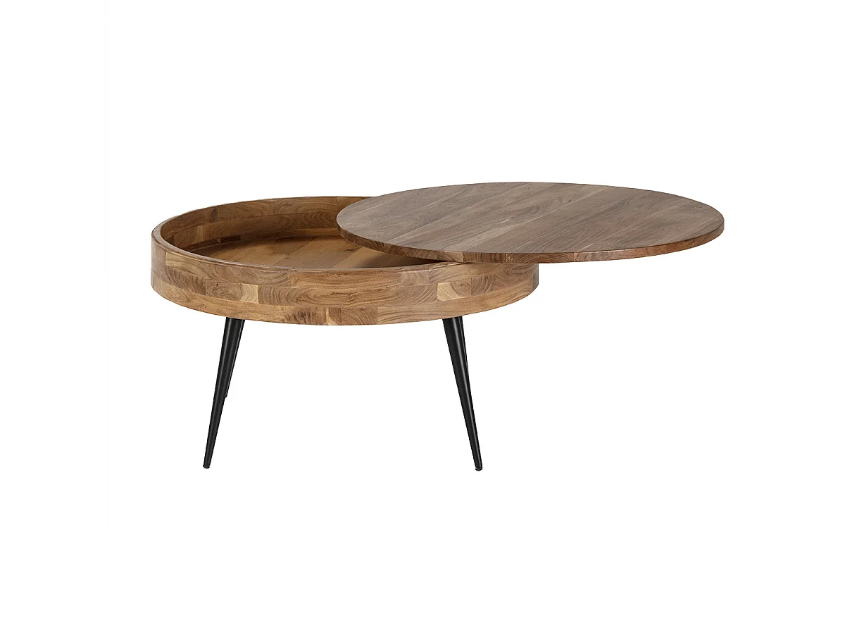 BONAA - Table Basse Ronde Ø90cm Bois d'Acacia Pieds Métal Noir