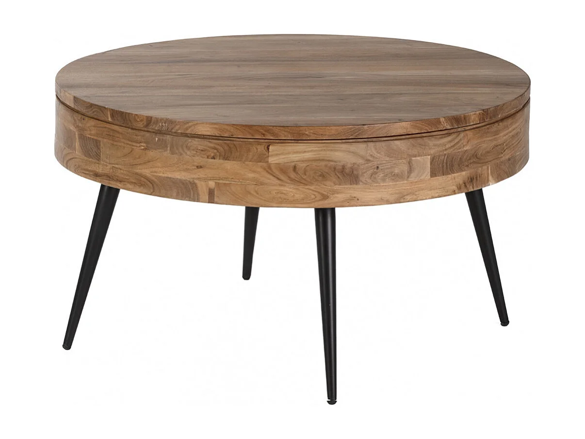 BONAA - Table Basse Ronde Ø90cm Bois d'Acacia Pieds Métal Noir