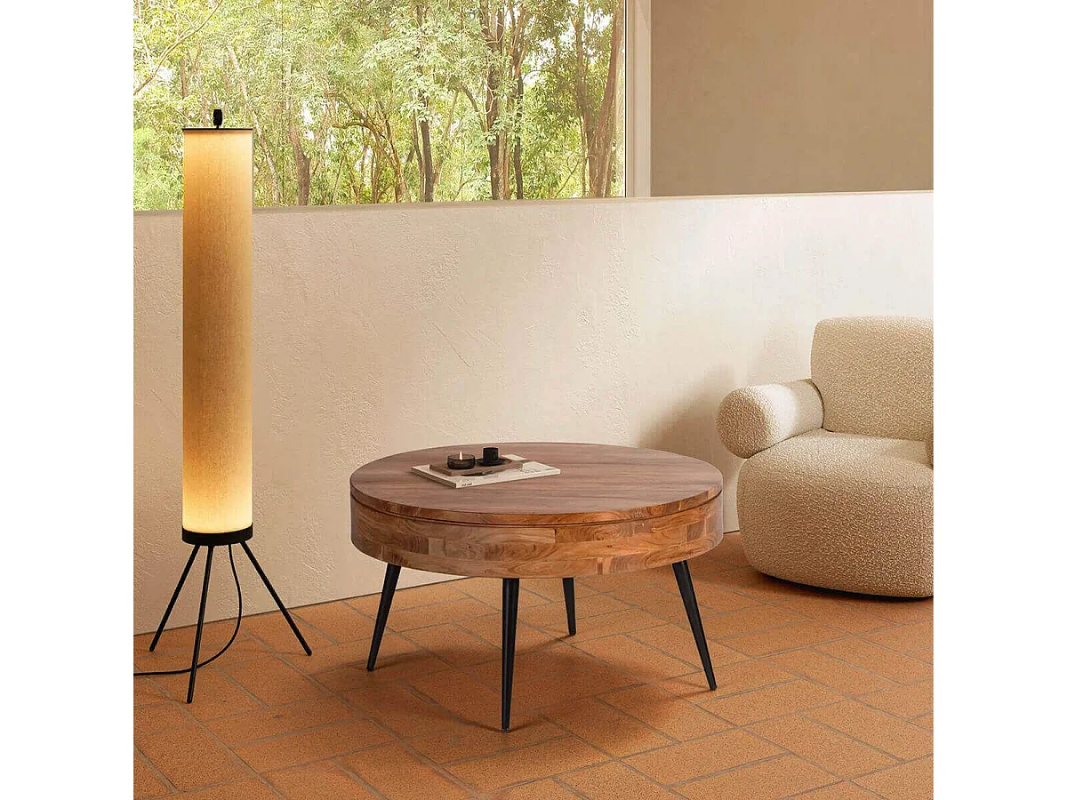 BONAA - Table Basse Ronde Ø90cm Bois d'Acacia Pieds Métal Noir