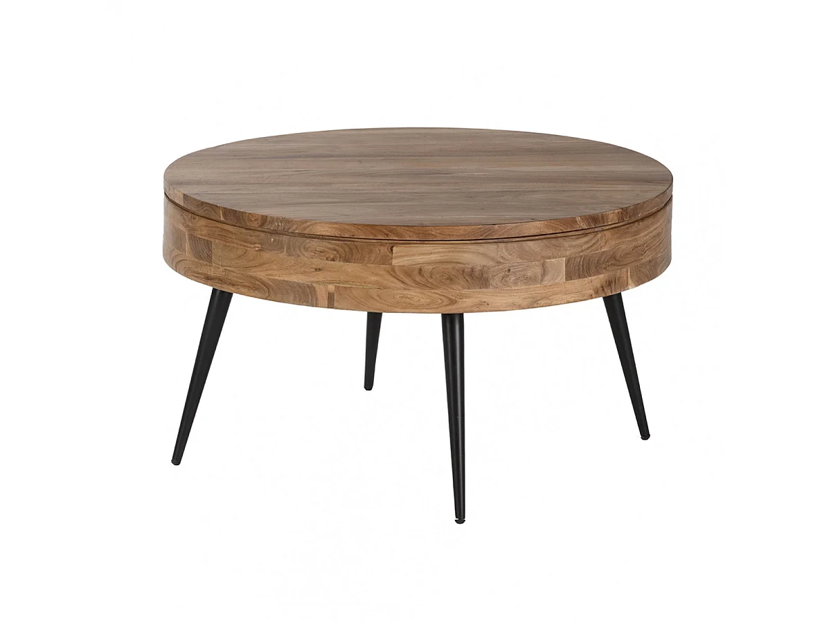 BONAA - Table Basse Ronde Ø90cm Bois d'Acacia Pieds Métal Noir