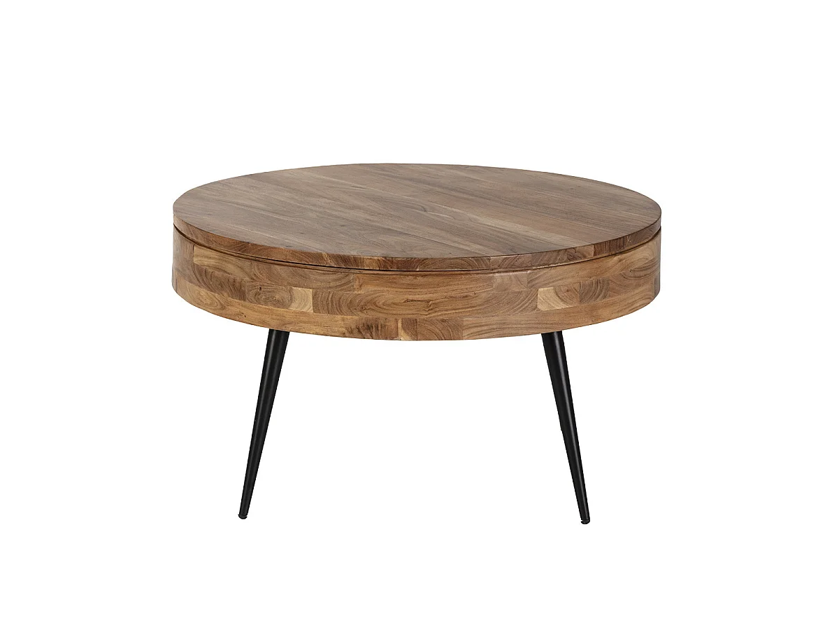 BONAA - Table Basse Ronde Ø90cm Bois d'Acacia Pieds Métal Noir