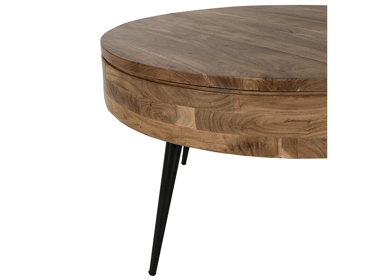 BONAA - Table Basse Ronde Ø90cm Bois d'Acacia Pieds Métal Noir