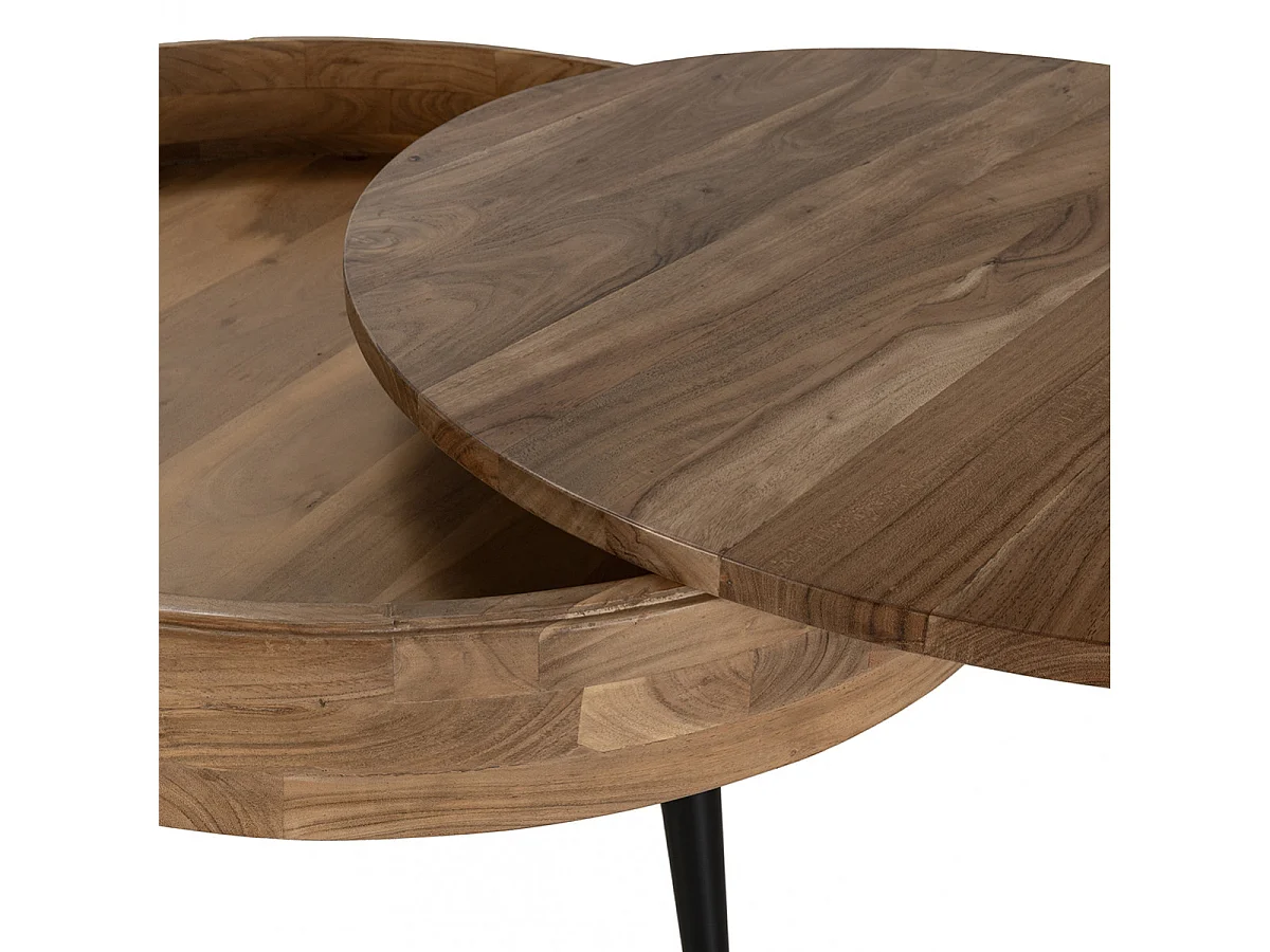 BONAA - Table Basse Ronde Ø90cm Bois d'Acacia Pieds Métal Noir