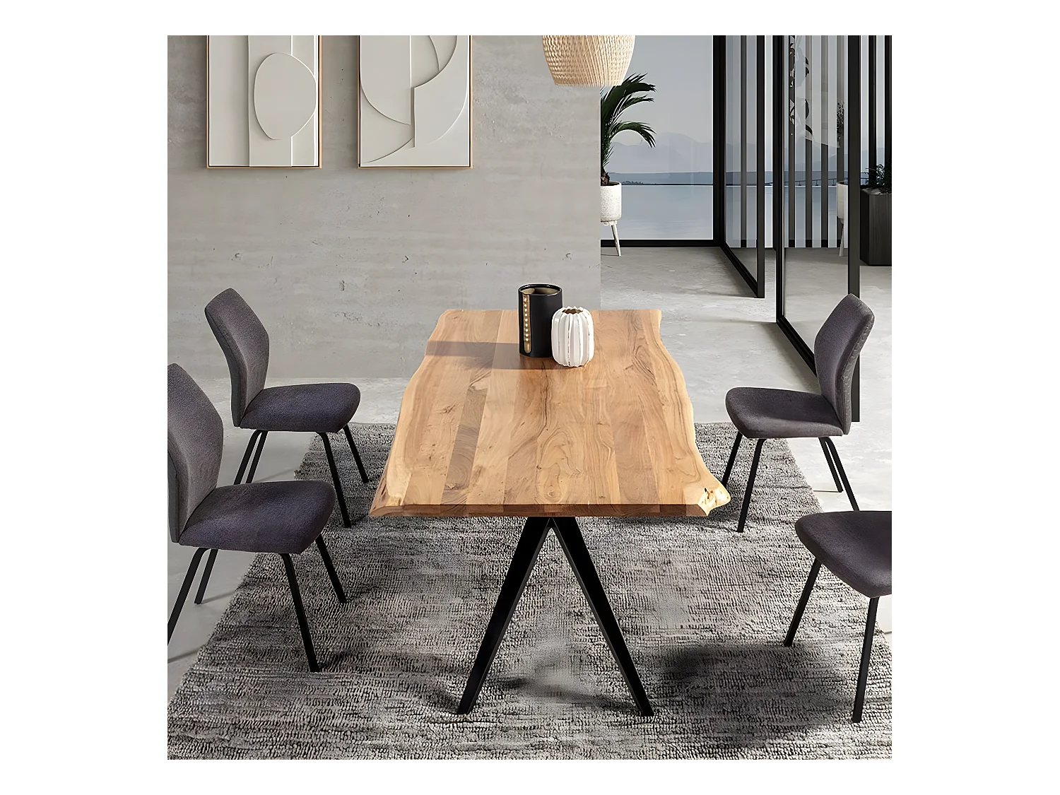 ARCANE - Table de Repas 200cm en Acacia Massif Piétement Evasé Métal Noir