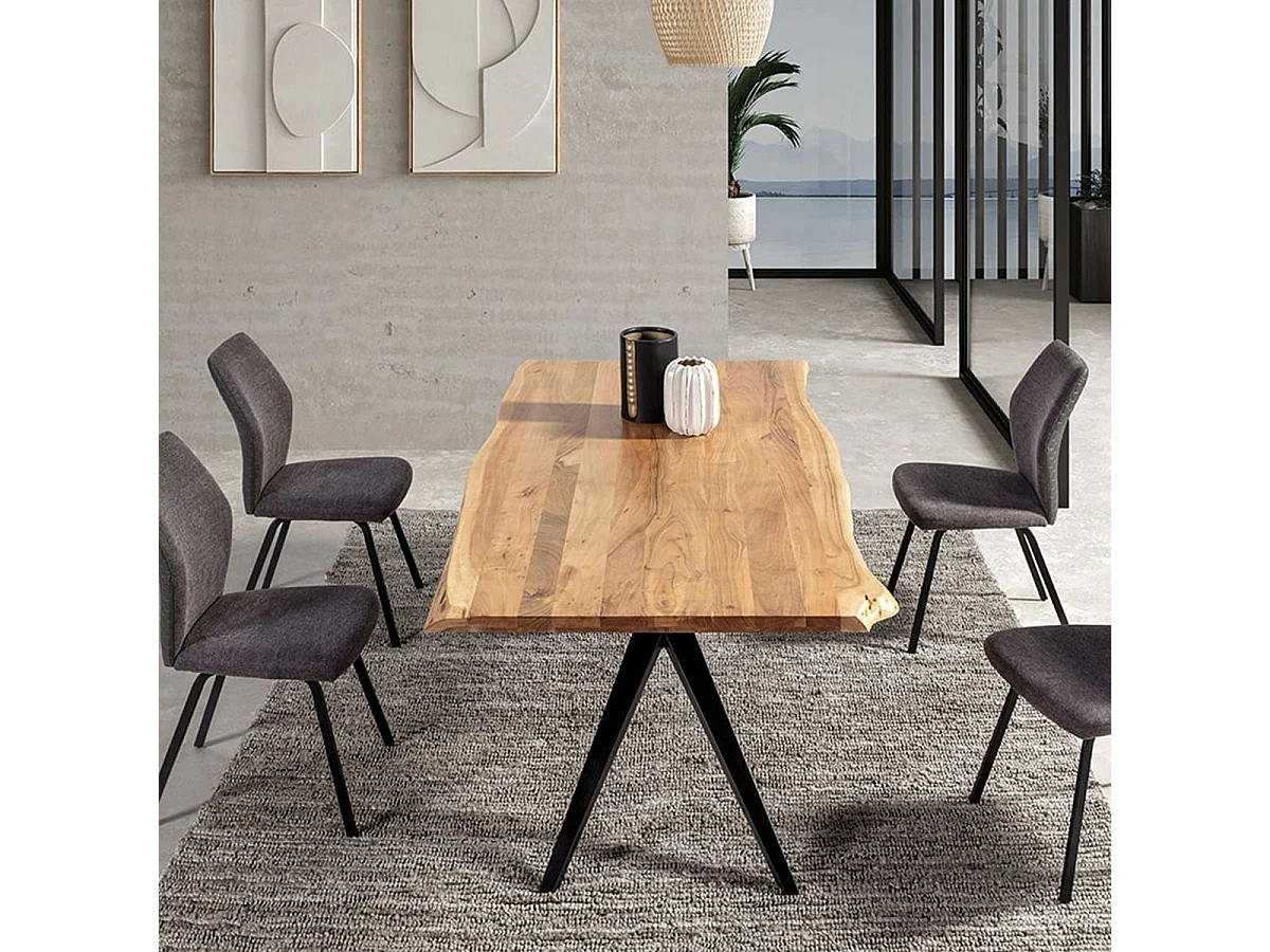 ARCANE - Table de Repas 200cm en Acacia Massif Piétement Evasé Métal Noir