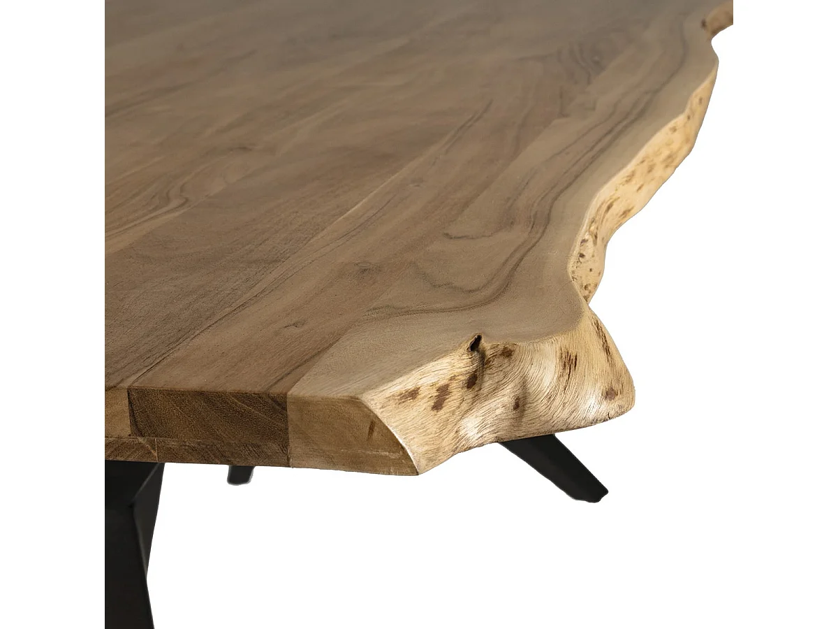 ARCANE - Table de Repas 200cm en Acacia Massif Piétement Evasé Métal Noir