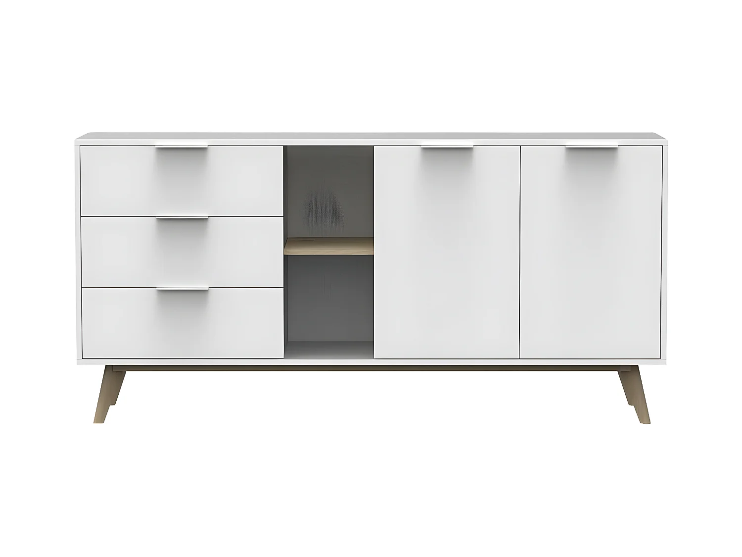 BLAJK - Buffet 165cm 2 Portes 3 Tiroirs Scandinave MDF et Pin Massif Naturel et Blanc