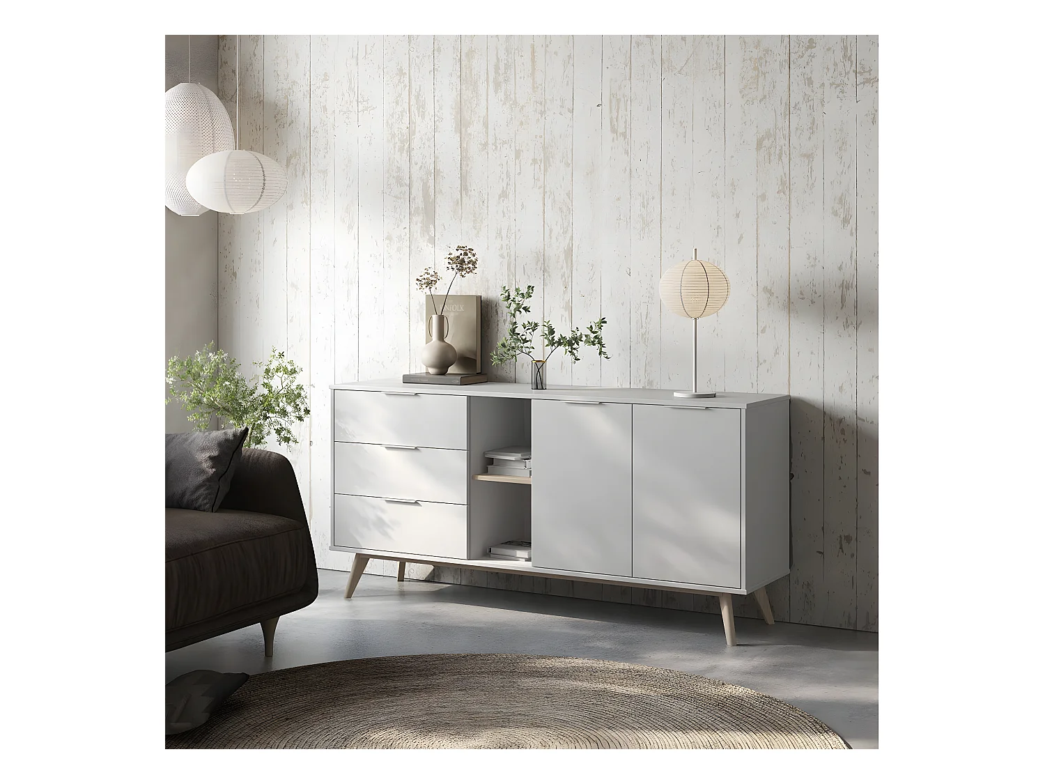 BLAJK - Buffet 165cm 2 Portes 3 Tiroirs Scandinave MDF et Pin Massif Naturel et Blanc