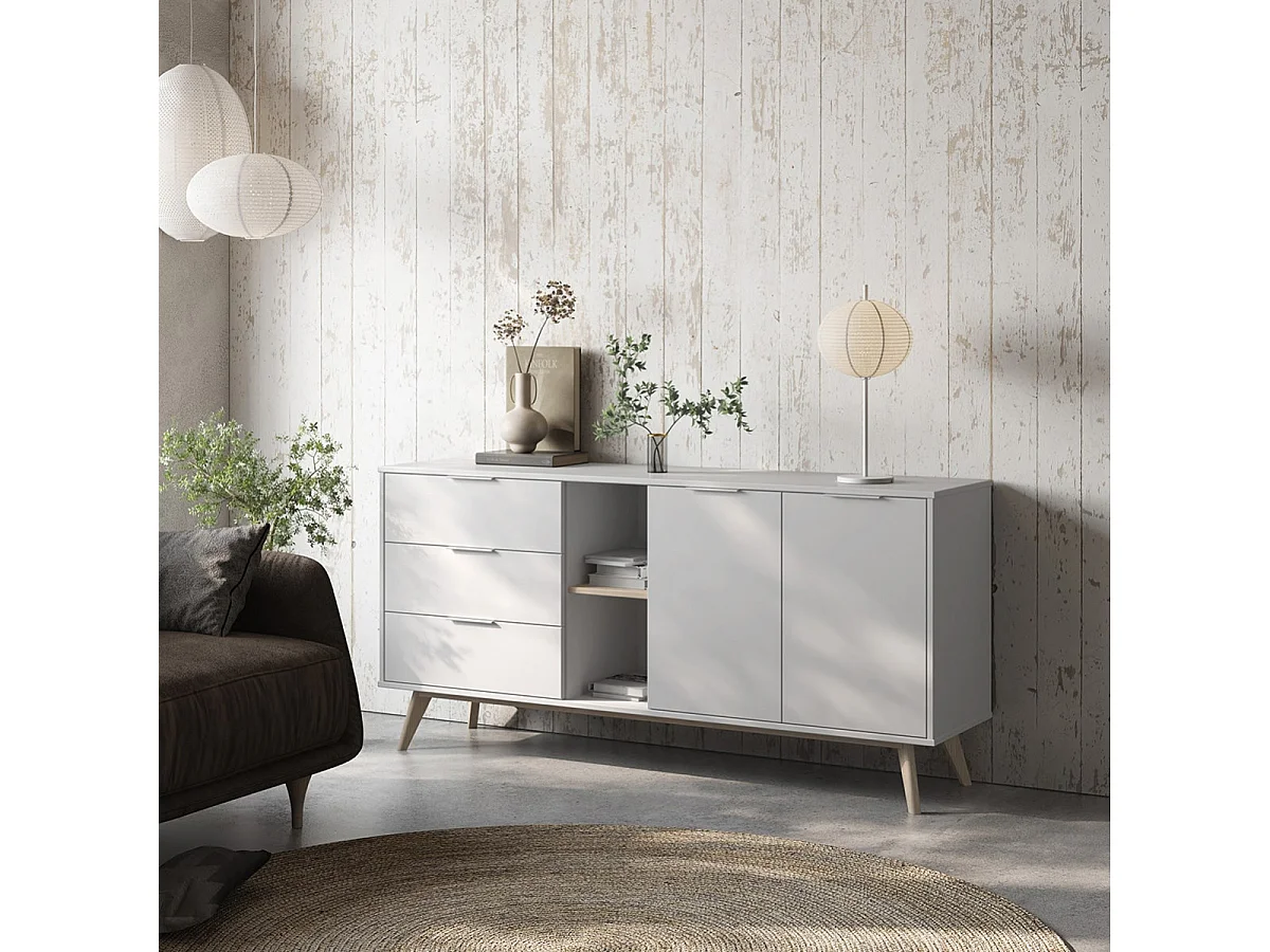 BLAJK - Buffet 165cm 2 Portes 3 Tiroirs Scandinave MDF et Pin Massif Naturel et Blanc