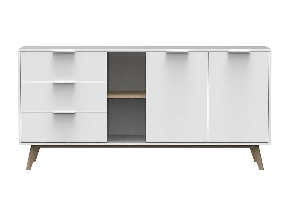 BLAJK - Buffet 165cm 2 Portes 3 Tiroirs Scandinave MDF et Pin Massif Naturel et Blanc