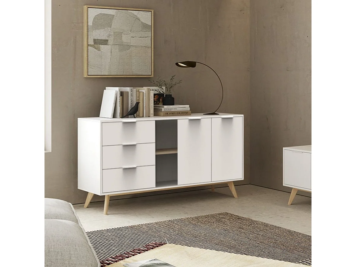 BLAJK - Buffet 165cm 2 Portes 3 Tiroirs Scandinave MDF et Pin Massif Naturel et Blanc