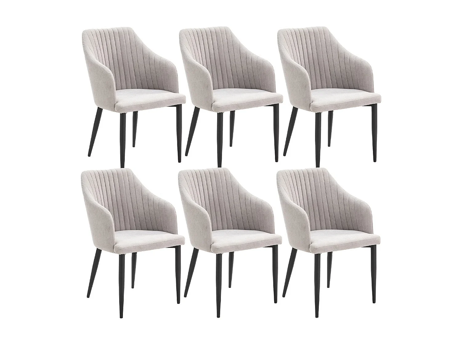 FASCA - Lot de 6 Fauteuils Tissu Gris Clair Surpiqures Verticales Pieds Métal Noir
