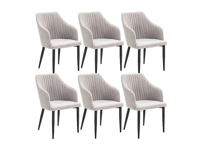 FASCA - Lot de 6 Fauteuils Tissu Gris Clair Surpiqures Verticales Pieds Métal Noir