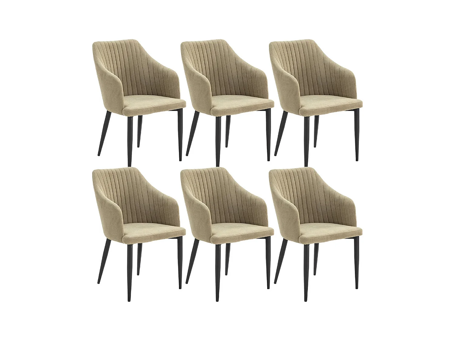FASCA - Lot de 6 Fauteuils Tissu Vert Surpiqures Verticales Pieds Métal Noir