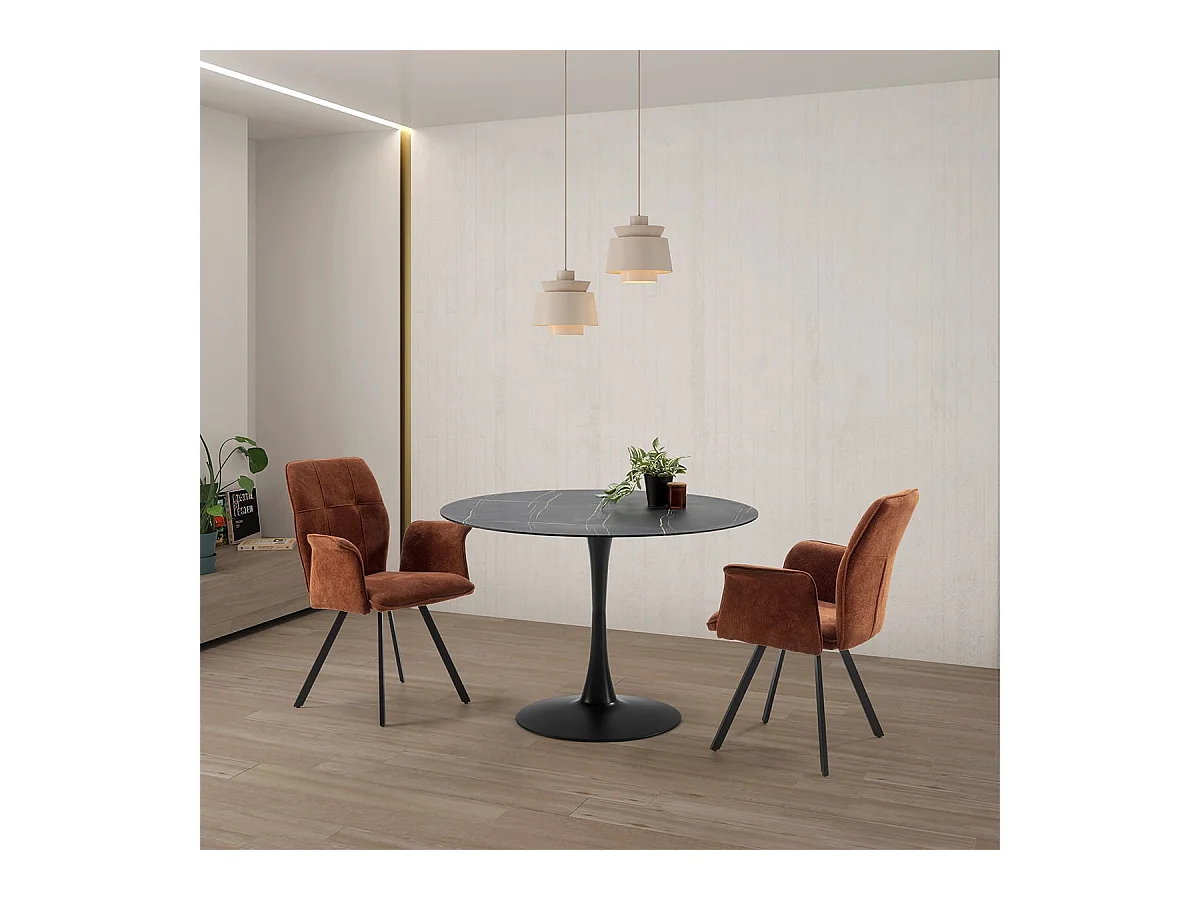 SELMA - Lot de 6 Fauteuils Tissu Marron Effet Tricoté Pieds Métal Noir