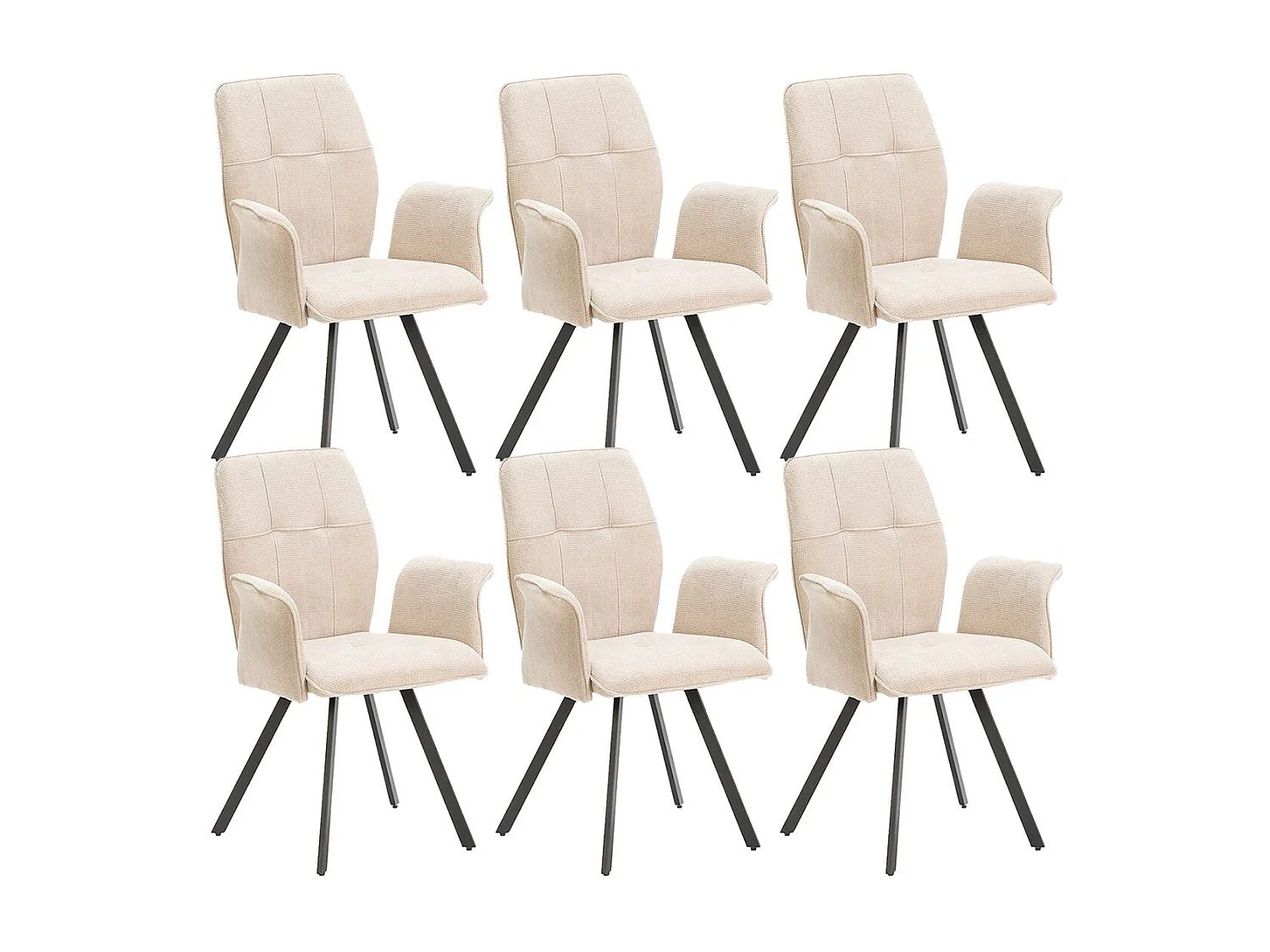SELMA - Lot de 6 Fauteuils Tissu Beige Effet Tricoté Pieds Métal Noir