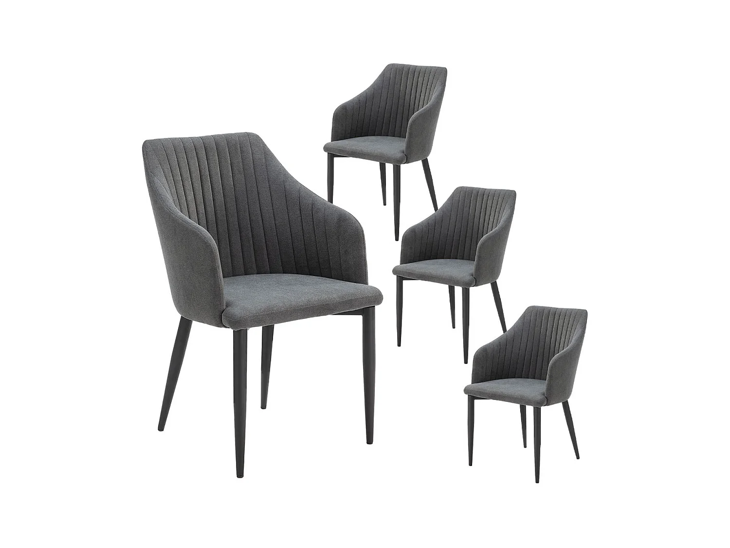 FASCA - Lot de 4 Fauteuils Tissu Noir Surpiqures Verticales Pieds Métal