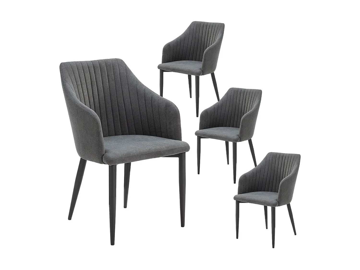 FASCA - Lot de 4 Fauteuils Tissu Noir Surpiqures Verticales Pieds Métal