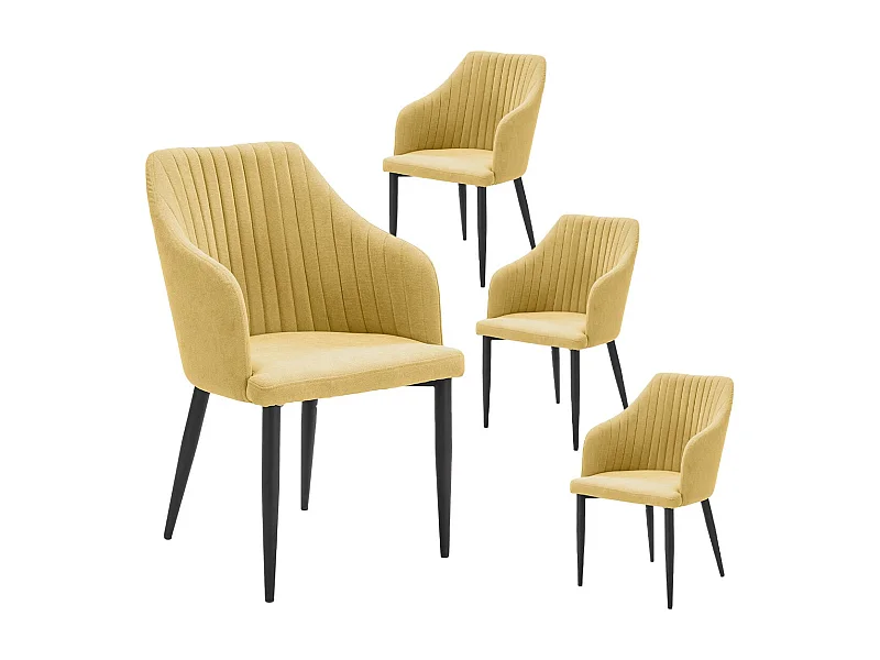 FASCA - Lot de 4 Fauteuils Tissu Jaune Surpiqures Verticales Pieds Métal Noir